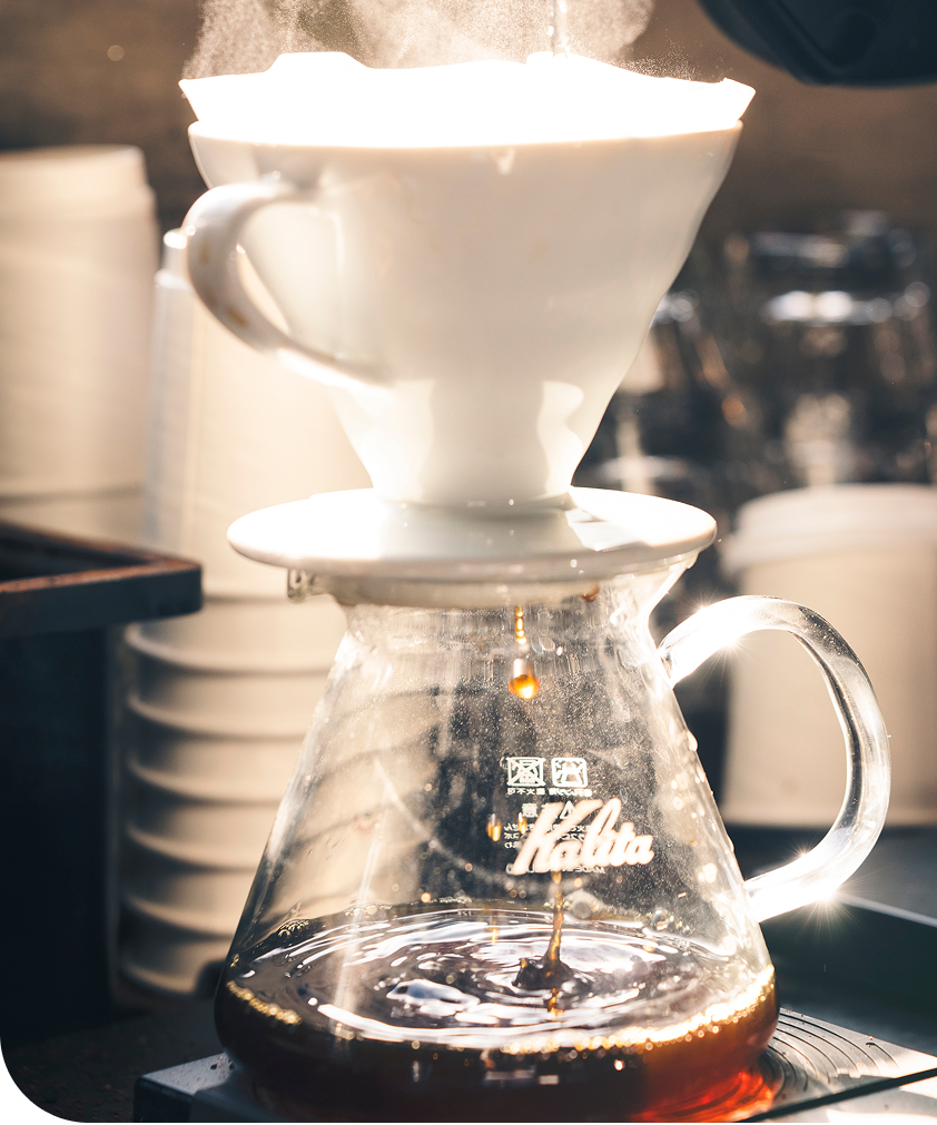 Making pour over coffee on a bright morning 