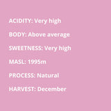 very high acidity, above average body, very high sweetness, 1995 masl, natural process, December harvest