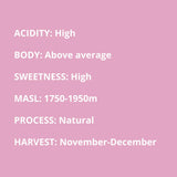 high acidity, above average body, high sweetness, 1750-1950 masl, natural process, November to December harvest 