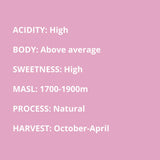 high acidity, above average body, very high sweetness, 1700-1900 masl, natural process, October to April harvest