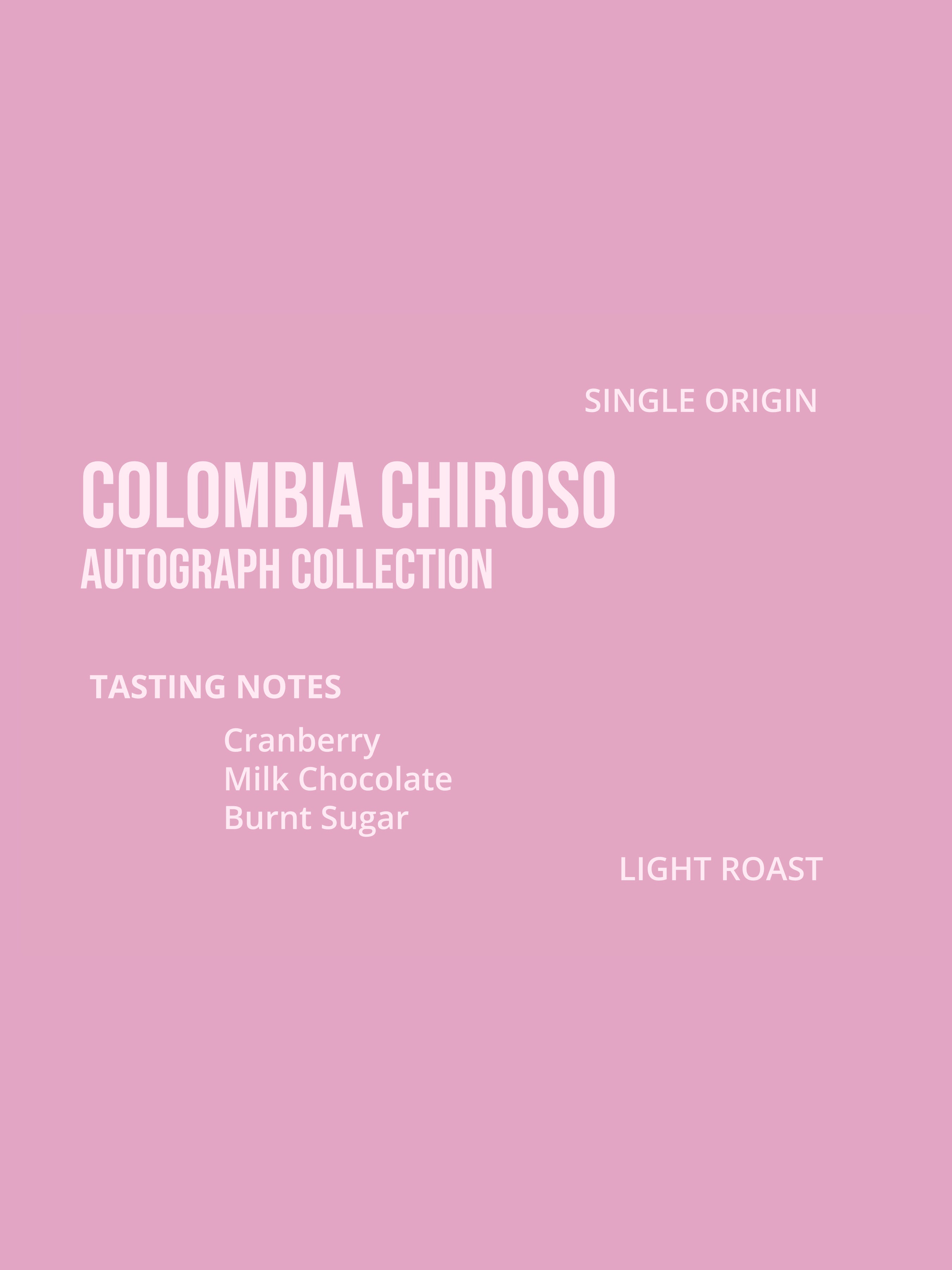 Colombia Chiroso coffee packaging with tasting notes and roast information on a pink background