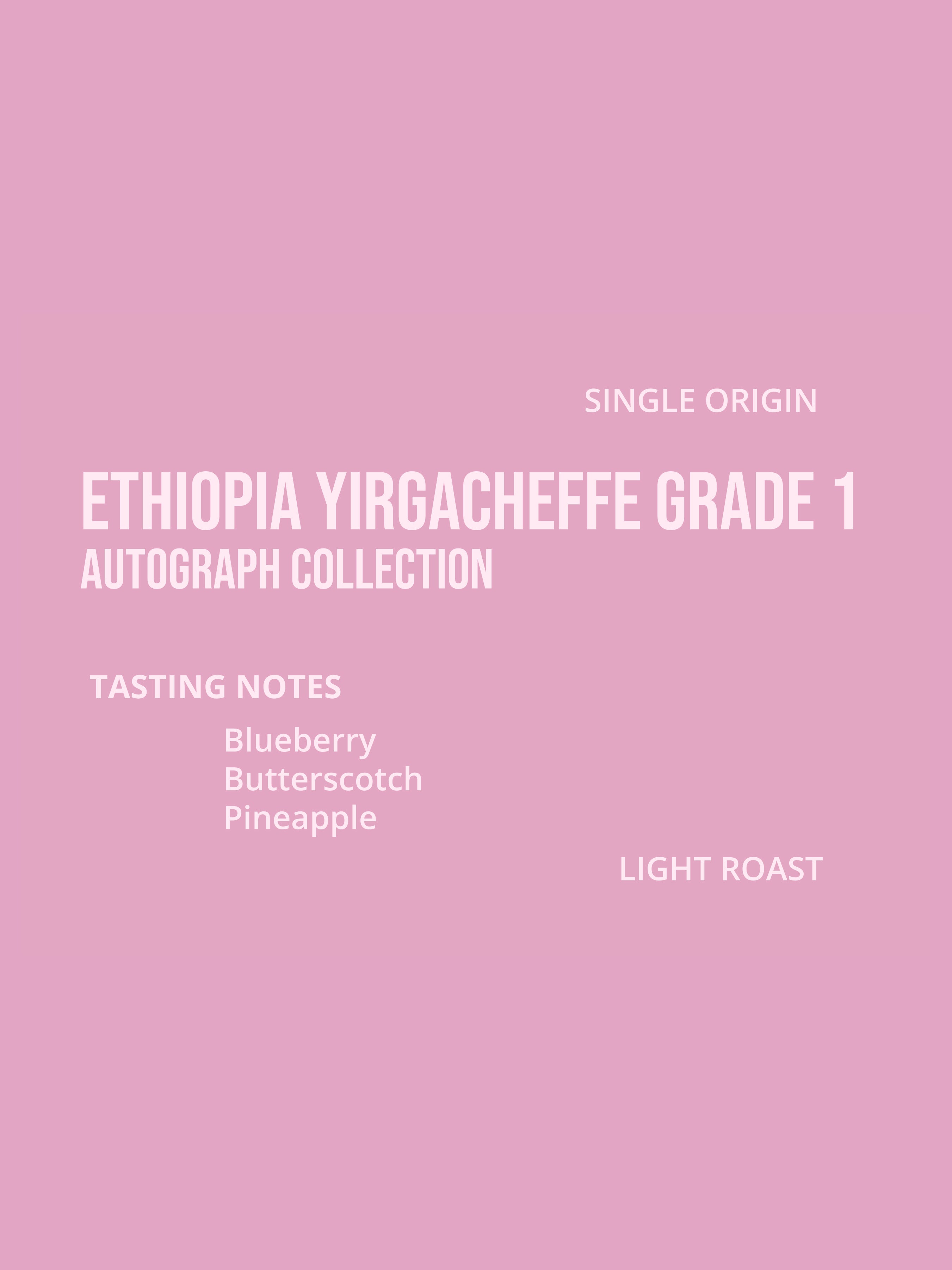 Product label for Ethiopia Yirgacheffe Grade 1 coffee with tasting notes - blueberry butterscotch pineapple